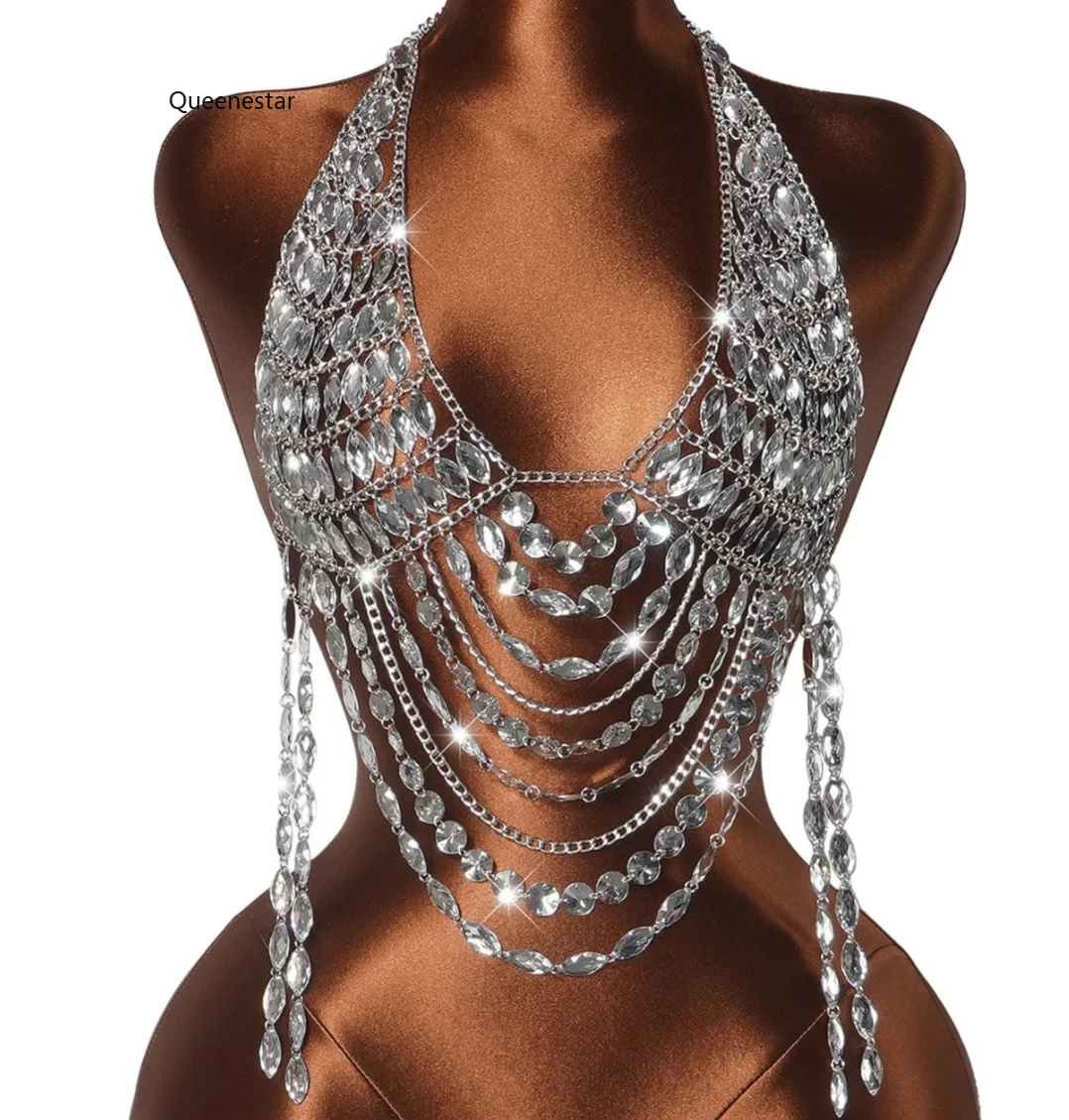 Deep V-Neck Rhinestone Body Chain – bold gold chain with acrylic rhinestones for anyone